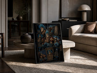 Blue-haired muscular anime cyborg man print in a black frame leaning on a travertine table in a sunlit lounge
