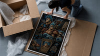 Blue-haired muscular anime cyborg man framed print being unpacked from protective bubble wrap and a box