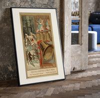 Church bells and snowy winter village print in a black frame leaning beside a vintage door on parquet