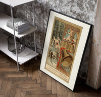 Church bells and snowy winter village poster in a black frame leaning beside a shelf in a raw-plaster loft