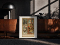 Black-framed Church bells and snowy winter village print on a moody console with designer coffee-table books