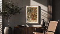 Church bells and snowy winter village poster framed above a fluted sideboard beside an olive tree