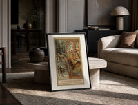 Church bells and snowy winter village print in a black frame leaning on a travertine table in a sunlit lounge