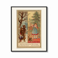 Framed Man carrying turkey and girl decorating tree print shown as a bold statement piece on a clean gallery wall