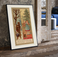 Man carrying turkey and girl decorating tree print in a black frame leaning beside a vintage door on parquet