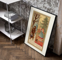 Man carrying turkey and girl decorating tree poster in a black frame leaning beside a shelf in a raw-plaster loft