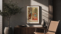 Man carrying turkey and girl decorating tree poster framed above a fluted sideboard beside an olive tree
