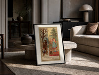 Man carrying turkey and girl decorating tree print in a black frame leaning on a travertine table in a sunlit lounge
