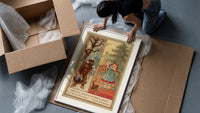 Man carrying turkey and girl decorating tree framed print being unpacked from protective bubble wrap and a box