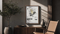 French 75 Cocktail Market poster framed above a fluted sideboard beside a potted tree