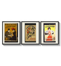 Vintage French aperitif advertisements trio three-panel set arranged as a triptych on a bright gallery wall