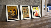 Vintage French aperitif advertisements trio three-piece set leaning on parquet beside a vintage loft door