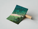 Rolled Seaside tennis court by ocean poster beside its crush-resistant kraft shipping tube