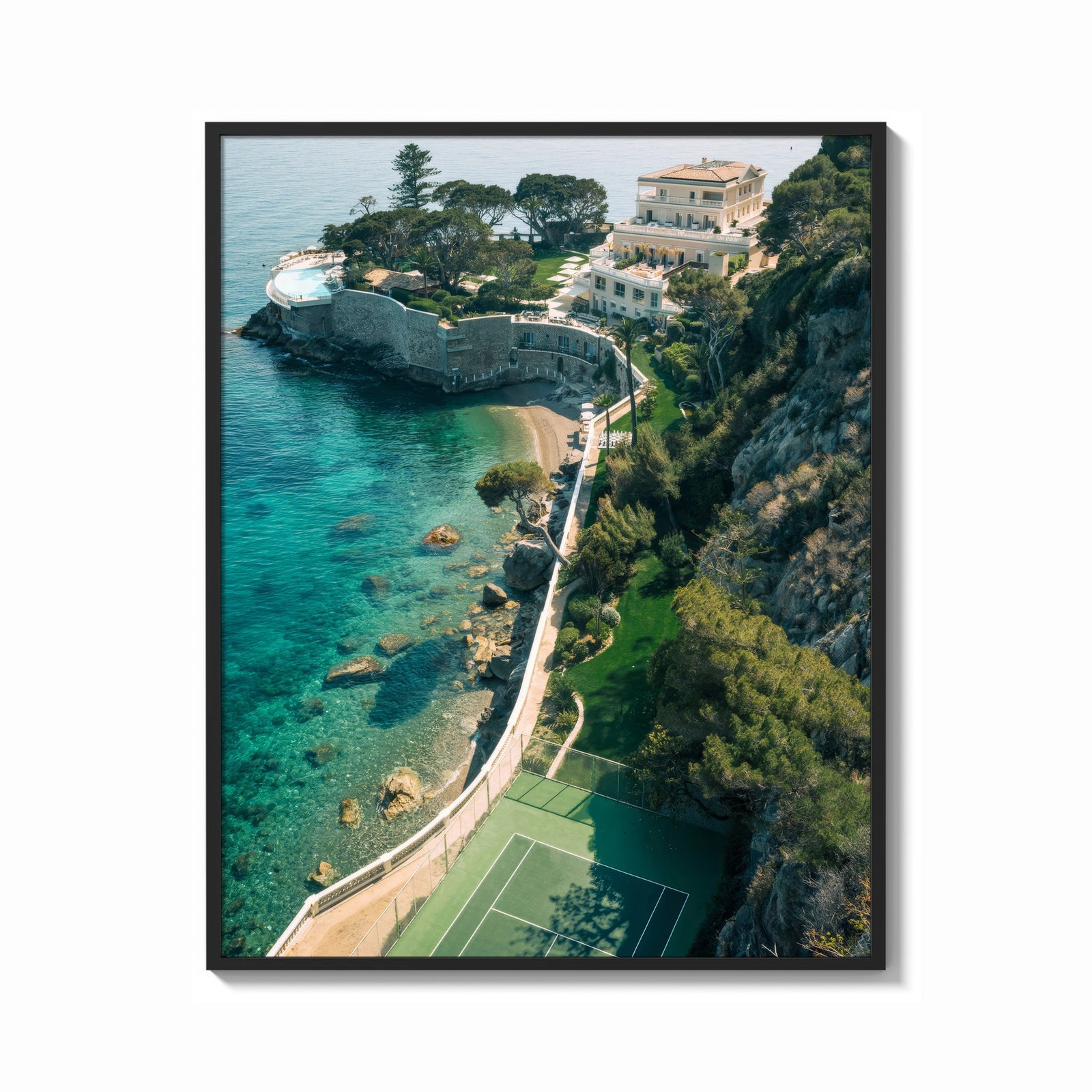 Framed Cliffside coastal luxury villa estate print shown as a bold statement piece on a clean gallery wall