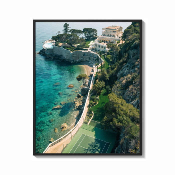 Framed Cliffside coastal luxury villa estate print shown as a bold statement piece on a clean gallery wall