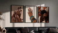 French Tips and Painted Nails Set of 3 in black frames on a grey wall above a leather sofa