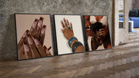 French Tips and Painted Nails Set of 3 leaning on parquet beside a vintage loft door