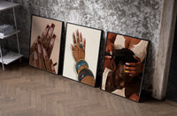 French Tips and Painted Nails Set of 3 as black-framed prints leaning against a raw-plaster wall