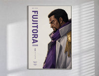 Anime marine admiral profile portrait poster in a slim frame on a bright wall with soft window light