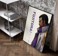 Anime marine admiral profile portrait poster in a black frame leaning beside a shelf in a raw-plaster loft