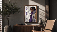 Anime marine admiral profile portrait poster framed above a fluted sideboard beside an olive tree
