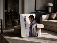 Anime marine admiral profile portrait print in a black frame leaning on a travertine table in a sunlit lounge