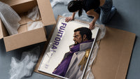 Anime marine admiral profile portrait framed print being unpacked from protective bubble wrap and a box