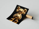 Full-body standing KAWS figure in mirror-finish 24K gold on black background, rolled poster mockup