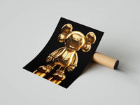 Full-body standing KAWS figure in mirror-finish 24K gold on black, rolled poster mockup