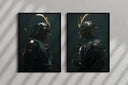 Futuristic Japanese Samurai Art Duo featuring intricate armor and gold skull motifs, ideal for modern decor.