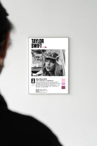 Gallery wall mockup with a person viewing the Taylor Swift biography portrait print
