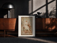 Black-framed Elegant woman in white dress print on a moody console with designer coffee-table books