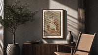 Elegant woman in white dress poster framed above a fluted sideboard beside an olive tree