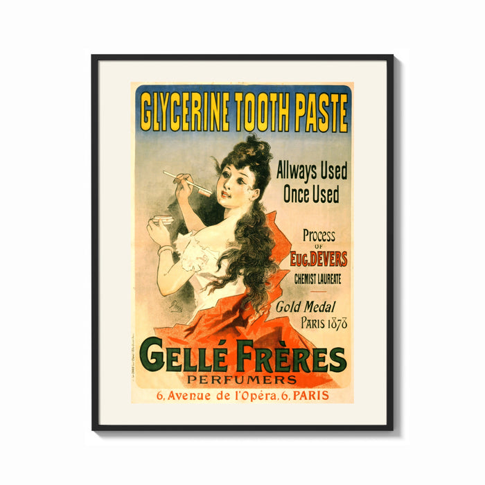 Framed Woman brushing teeth with toothpaste print shown as a bold statement piece on a clean gallery wall