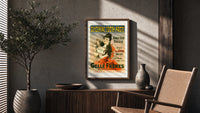 Woman brushing teeth with toothpaste poster framed above a fluted sideboard beside an olive tree