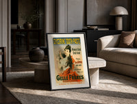Woman brushing teeth with toothpaste print in a black frame leaning on a travertine table in a sunlit lounge