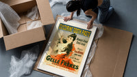 Woman brushing teeth with toothpaste framed print being unpacked from protective bubble wrap and a box