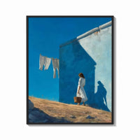 Framed Girl Hanging Laundry in the Sun print shown as a bold statement piece on a clean gallery wall