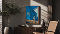 Girl Hanging Laundry in the Sun poster framed above a fluted sideboard beside a potted tree