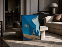 Girl Hanging Laundry in the Sun print on the floor, leaning against a travertine table