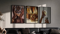 Glam Mirror and Glitter Set of 3 in black frames on a grey wall above a leather sofa