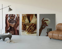 Glam Mirror and Glitter Set of 3 displayed beside a brown leather sofa