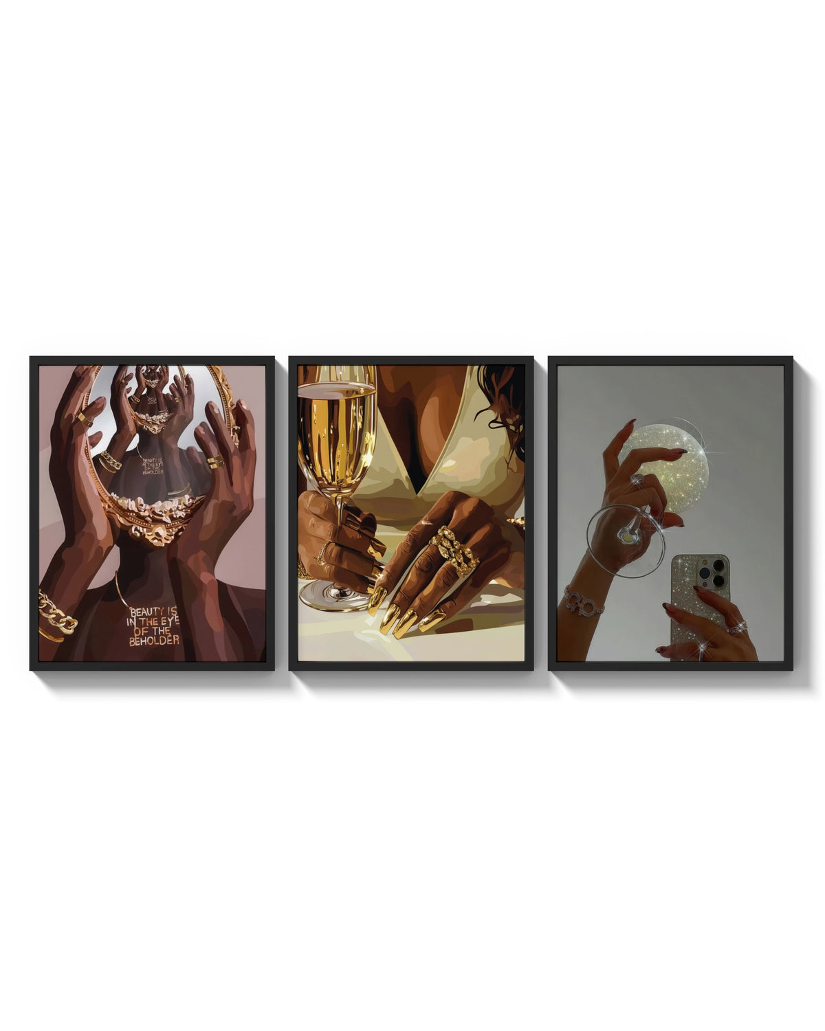 Glam Mirror and Glitter Set of 3 arranged on a bright gallery wall