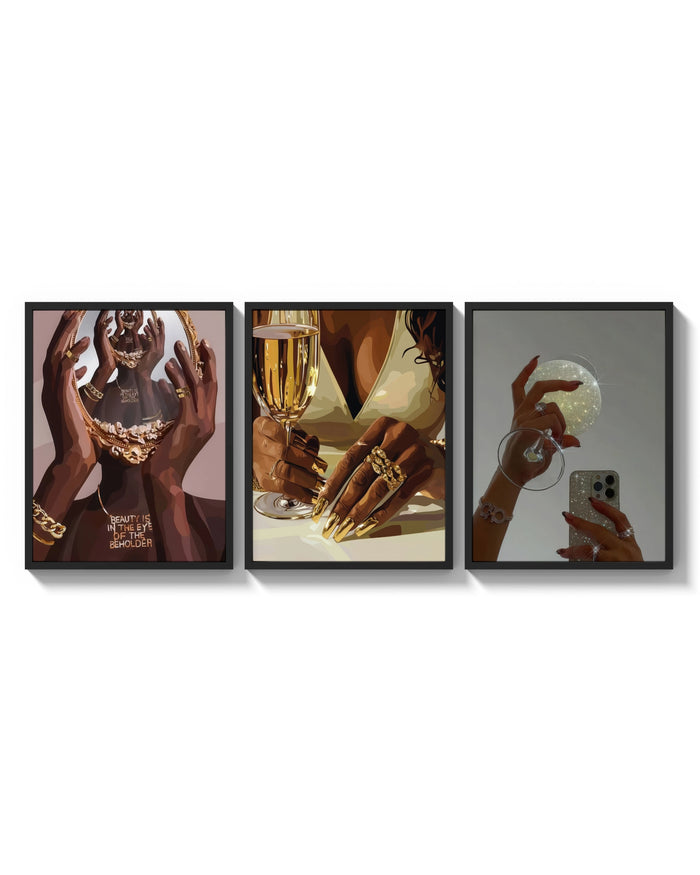 Glam Mirror and Glitter Set of 3 arranged on a bright gallery wall