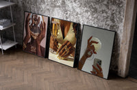 Glam Mirror and Glitter Set of 3 as black-framed prints leaning against a raw-plaster wall