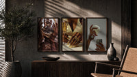 Glam Mirror and Glitter Set of 3 in walnut frames above a sideboard in a warm room