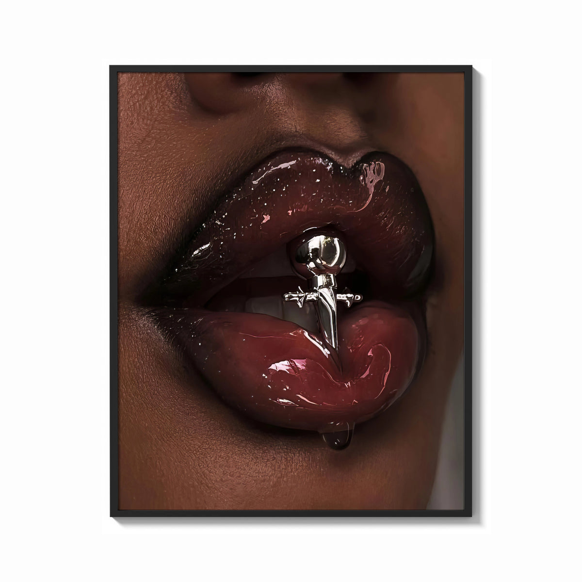 Framed Glossy Lips with a Silver Charm print shown as a bold statement piece on a clean gallery wall