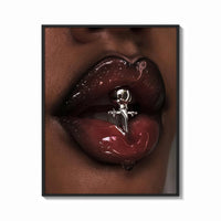 Framed Glossy Lips with a Silver Charm print shown as a bold statement piece on a clean gallery wall