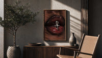 Glossy Lips with a Silver Charm poster framed above a fluted sideboard beside a potted tree