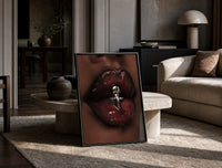 Glossy Lips with a Silver Charm print on the floor, leaning against a travertine table